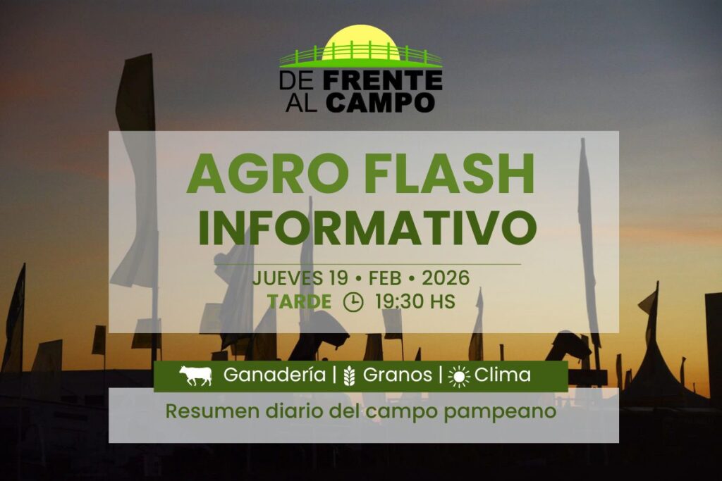 Agro Flash De Frente al Campo edición tarde con fondo rural y fecha del resumen informativo diario.