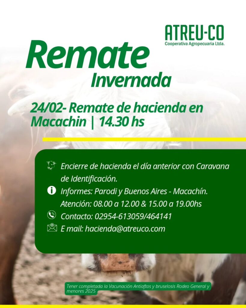 Remate feria ATREU-CO en Macachín el 24 de febrero de 2026, invernada con encierre previo y vacunación obligatoria.