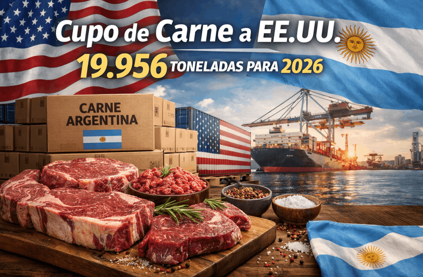 Carne argentina destinada a exportación con cajas identificadas y referencia al cupo de carne vacuna a EE.UU. 2026.