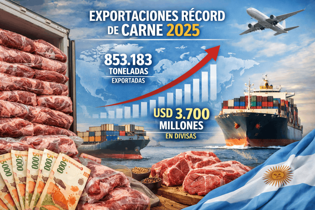 Exportaciones de carne bovina 2025 con cortes refrigerados, buques cargueros y gráfico ascendente sobre mapa mundial.
