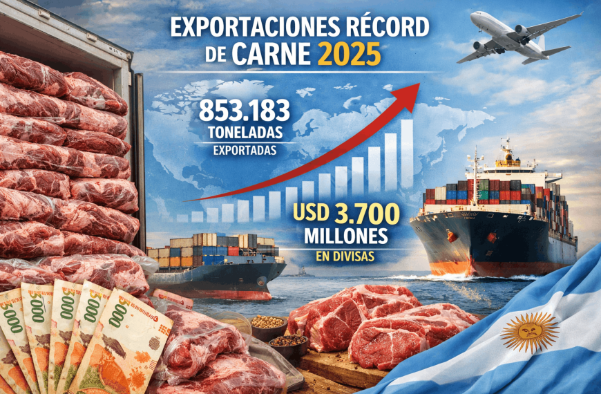 Exportaciones de carne bovina 2025 con cortes refrigerados, buques cargueros y gráfico ascendente sobre mapa mundial.