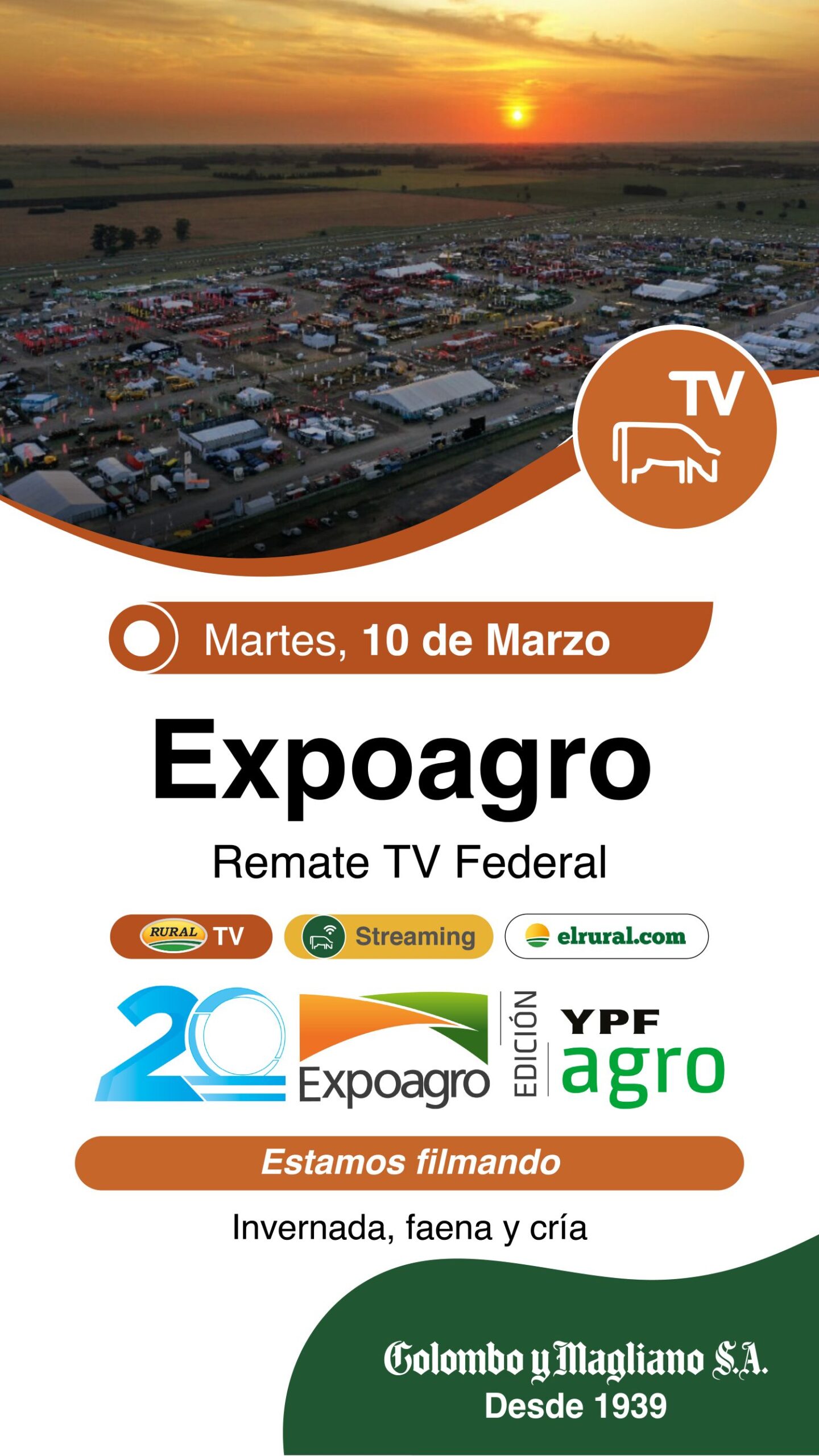 Remate feria Colombo y Magliano Expoagro 10 de marzo 2026 en San Nicolás con transmisión por TV Federal y streaming