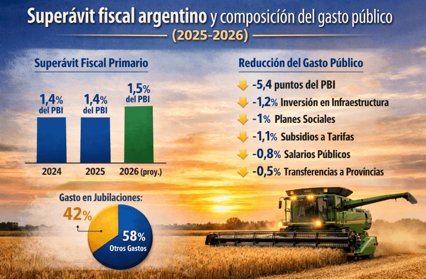 Superávit fiscal argentino 2025-2026, con reducción de gasto público y gasto en jubilaciones, sobre campo de trigo.