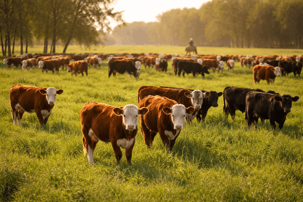Ganado bovino recriado a campo pastando en La Pampa, con terneros y novillos en pastura verde.