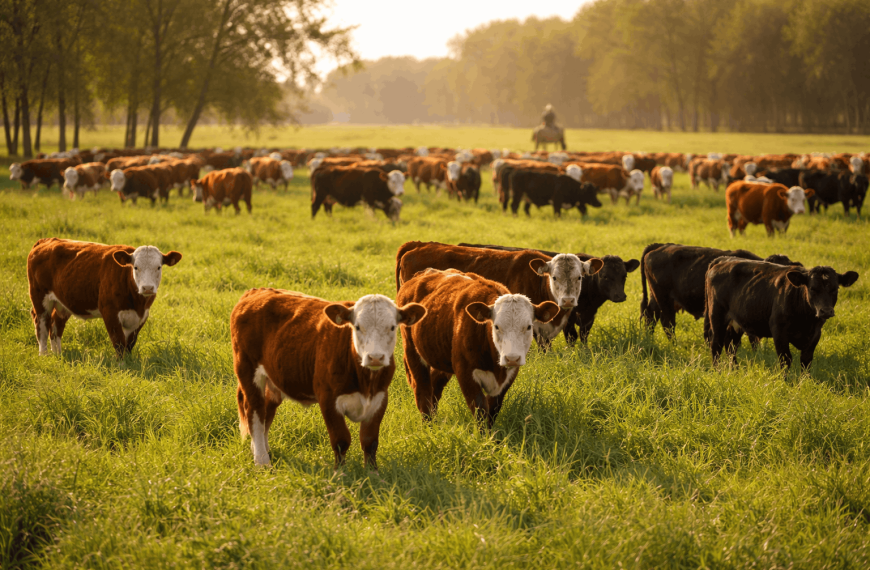 Ganado bovino recriado a campo pastando en La Pampa, con terneros y novillos en pastura verde.