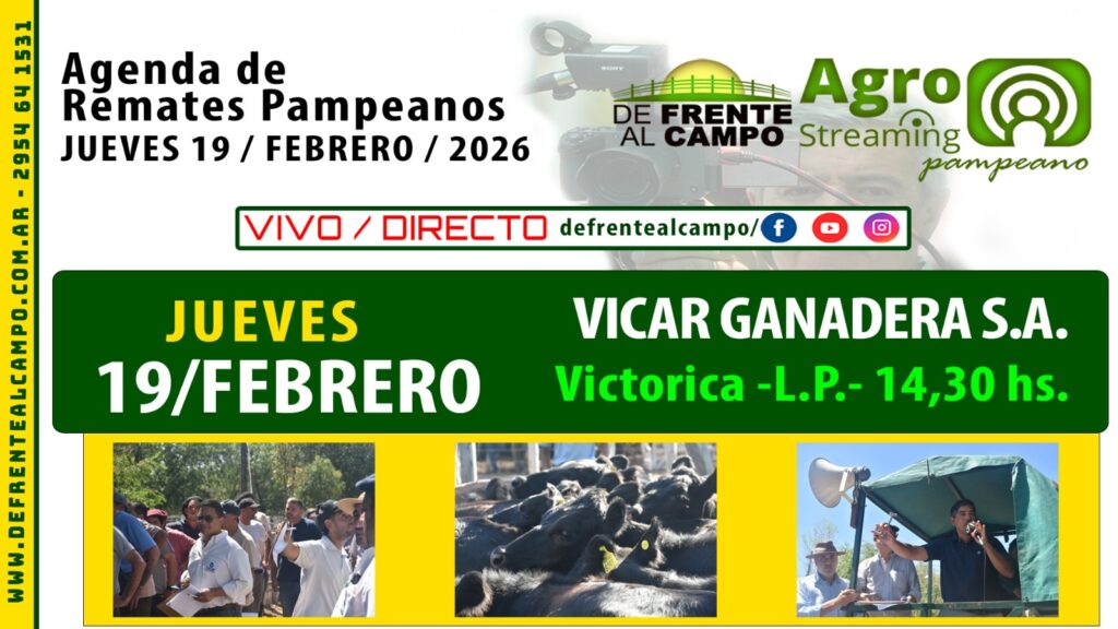 Remate feria Vicar Ganadera S.A. en Victorica, La Pampa, jueves 19 de febrero de 2026, transmisión en vivo De Frente al Campo
