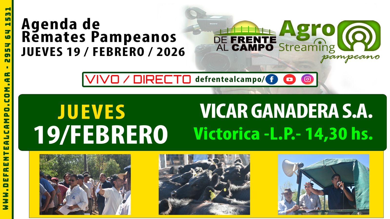 Remate feria Vicar Ganadera S.A. en Victorica, La Pampa, jueves 19 de febrero de 2026, transmisión en vivo De Frente al Campo