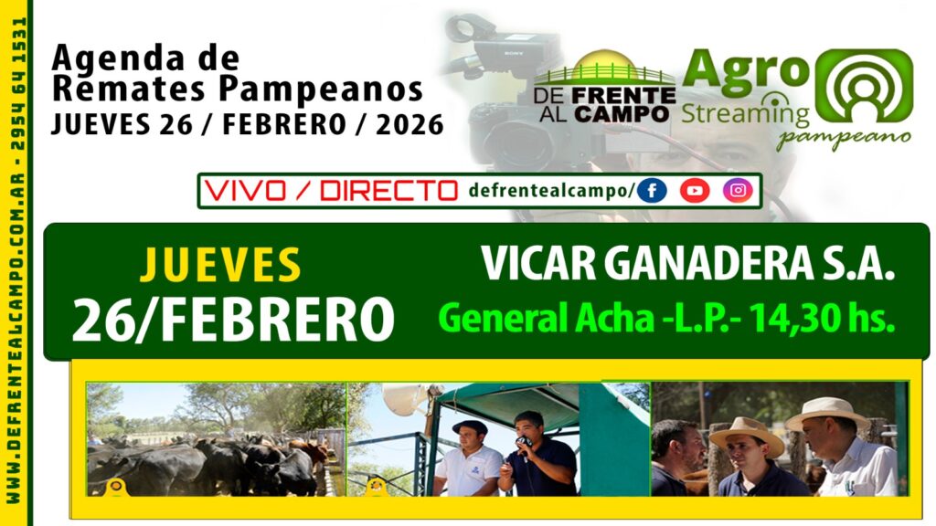 Remate feria de Vicar Ganadera S.A. en General Acha, La Pampa, jueves 26 de febrero de 2026, transmisión en vivo