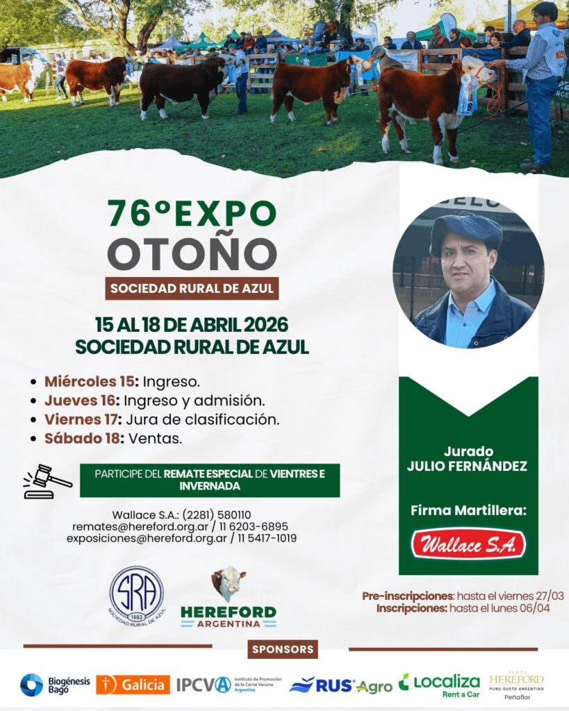 Expo Otoño Azul 2026 con jura de bovinos Hereford en pista