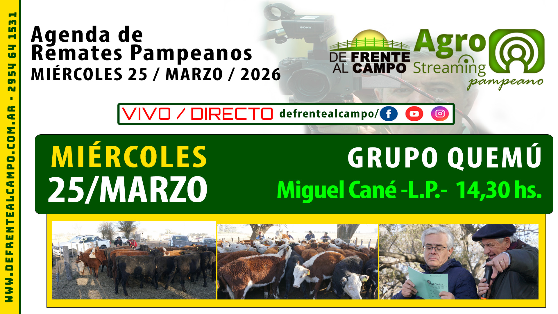 Remate feria Grupo Quemú en Miguel Cané La Pampa 25 marzo 2026 con transmisión en vivo