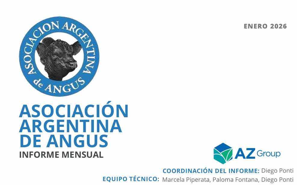 Informe ganadero enero 2026 de la Asociación Argentina de Angus con portada institucional y datos del reporte mensual