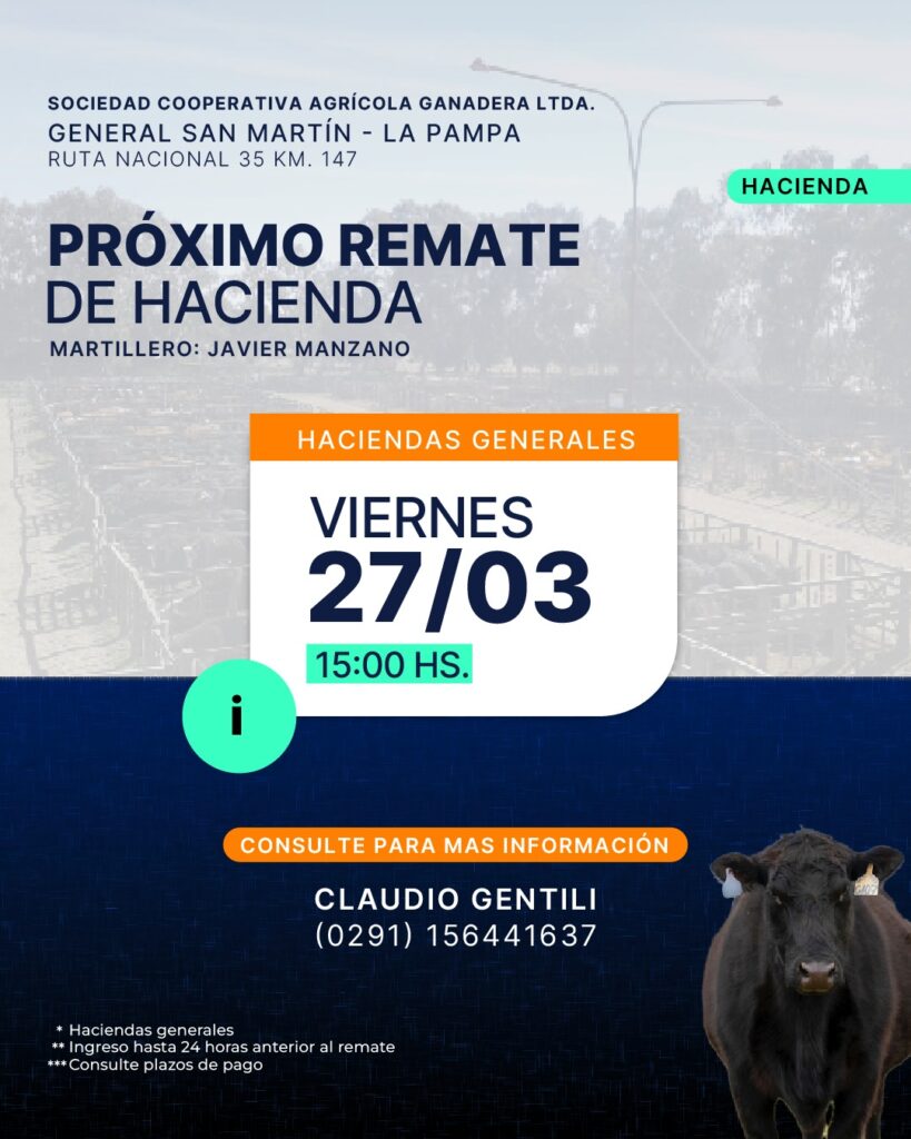 Remate feria Cooperativa Agrícola Ganadera General San Martín La Pampa 27 marzo 2026 haciendas generales